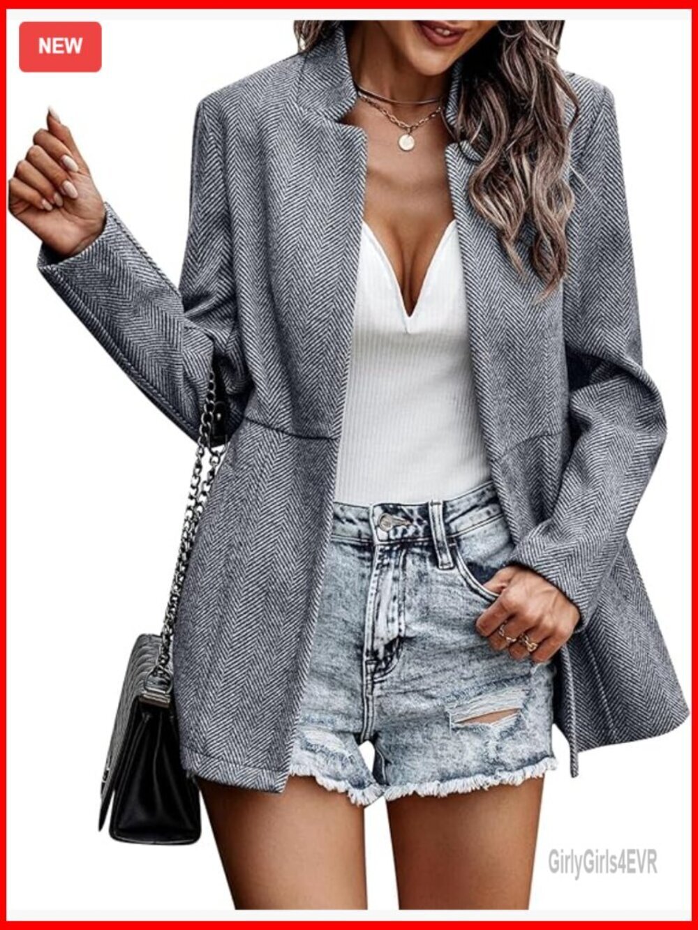 Women's Tweed Blazer Long Sleeve Open Front Jacket with Pockets Business Office